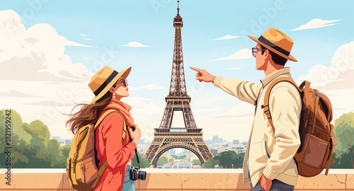 Couple enjoying the iconic Eiffel Tower in Paris. Tourists in Paris with a view of the Eiffel Tower. Romantic travel moment by the Eiffel Tower. Couple sightseeing in Paris with iconic landmarks