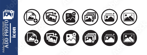 Add photo icon set for gallery image pictures in black circular background for user interface elements