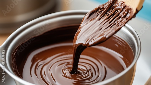 Perfectly melted chocolate in a metal pot ready for dessert making