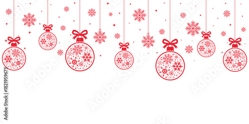 Elegant Christmas header or banner design featuring a line of hanging red/white ornaments and snowflakes along the top edge. The festive border on a white background leaves large copy space below 