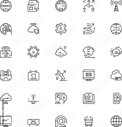 Linear network web icon set. Editable stroke collection of wireless, communication, internet, connection, IT, technology, router, signal,
