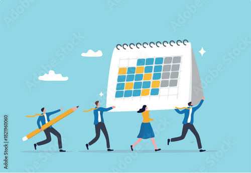 Project schedule, employee timetable, team meeting schedule or appointment, calendar date planning, agenda or project deadline concept, businessman and woman carry big calendar plan with pencil.