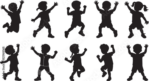 Silhouette Collection of Children in Various Jumping Poses on White Background Keywords: children, kids, silhouettes, jumping, playing, happy, energetic, active, fun, childhood, joy, movement