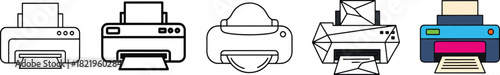 Collection of diverse printer icons in outline and flat design styles, representing office technology, document printing, and computing devices. Vector