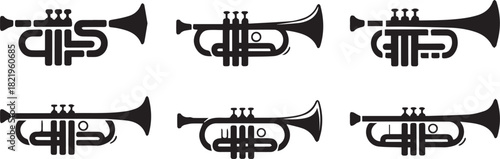 Six black trumpet icons in a 2x3 grid on a white background brass instrument musical instrument
