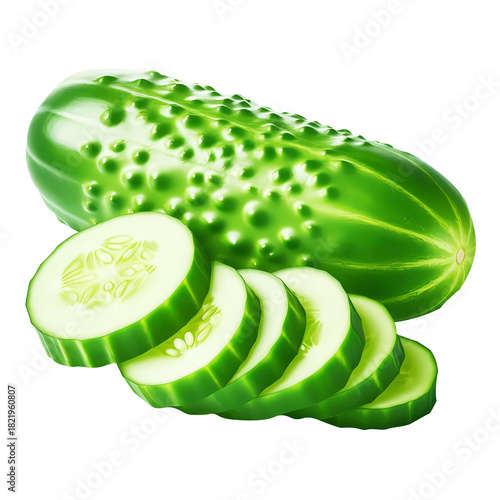 Fresh Whole Cucumber with Slices Isolated on White Background and transparent 