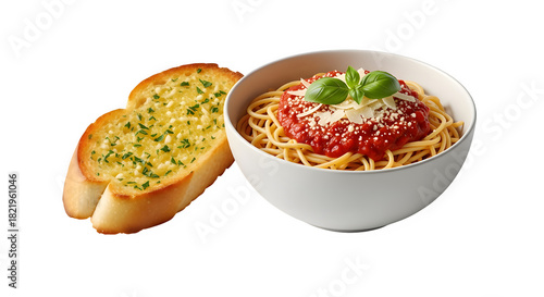 Spaghetti with tomato sauce and garlic bread isolated on transparent background