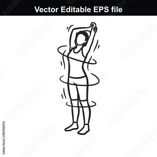 Woman stretching arms up with circular motion lines, vector illustration, isolated on white background