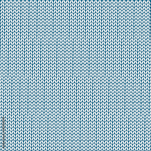 A seamless vector pattern imitating the texture of a knitted sweater. Repeating stitches create a dense and neat design. The color scheme consists of a white background and turquoise-blue stitches