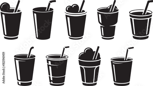 Ten Silhouette Illustrations of Various Cups and Glasses with Straws and Toppings drinks beverages