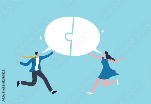Communicate solution to solve problem, agreement, teamwork or cooperation, conversation message, meeting or discussion concept, business people communicate with connected jigsaw puzzle speech bubble