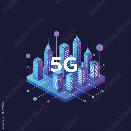 5G network smart city concept. Isometric vector illustration of urban infrastructure and high-speed internet connection. Technology background