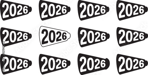 Twelve Black Megaphones with the Year 2026 Inside new year celebration