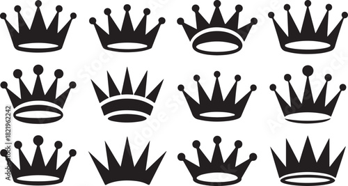 Twelve Black Silhouette Crown Icons in Three Rows on White Background king queen