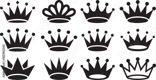 Twelve Black Silhouette Crown Icons with Varied Designs on White Background king queen