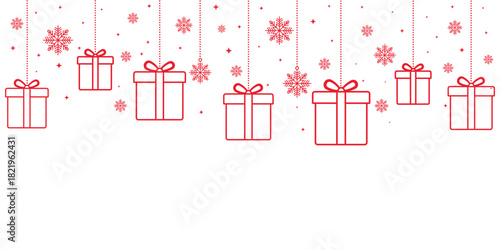 Minimalist Christmas header or banner design featuring a border of hanging red outline gift boxes and snowflakes. The clean, festive vector illustration on a white background provides excellent copy s
