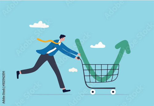 Buy on the dip, purchase stock when price drop, trader signal to invest, make profit from market collapse concept, smart businessman investor buy stock with down arrow graph in shopping cart