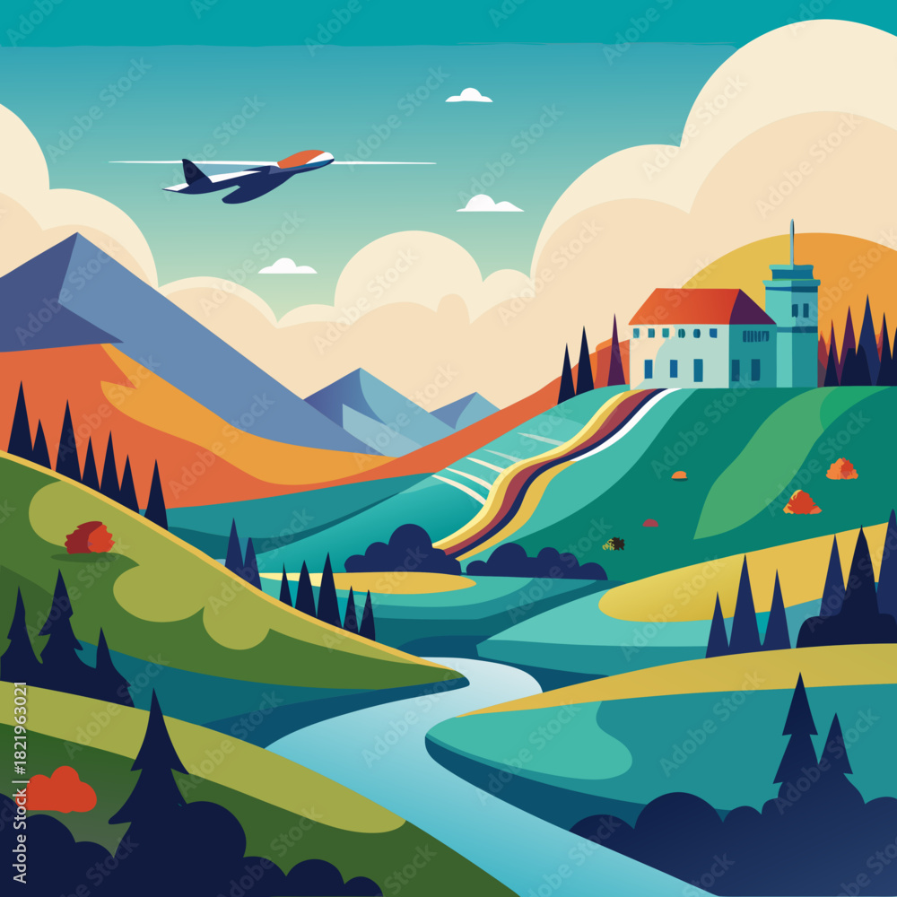 Naklejka premium Stunning vector art of airplane flying over scenic landscape, perfect for travel ads and tourism campaigns, vibrant colors and modern design create a feeling of adventure and escape