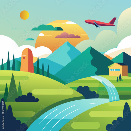 Fly away to a vibrant landscape! Discover peaceful mountains, a flowing river, and a bright sun in this stunning destination graphic created from scalable vector artwork