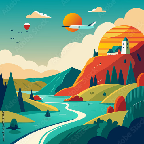 Inspiring travel destination artwork featuring airplane flying over serene landscape with picturesque hilltop village at sunset, evoking wanderlust and adventure with vibrant colors