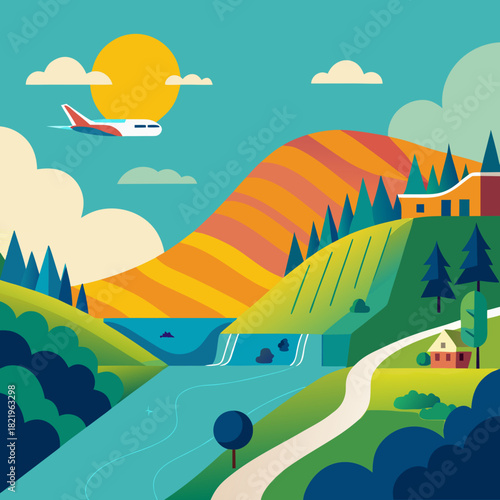 Fly away to scenic vistas, a modern travel poster with rolling hills, airplane, and sunshine offering a tranquil escape for travel enthusiasts and vacation planners alike
