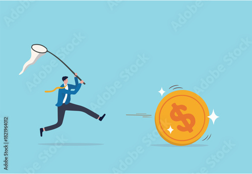 Chasing high performance active mutual fund, buying rising star stock or funds, catch or grab hot ETFs concept, businessman investor run chasing try to catch high performance attractive dollar coin