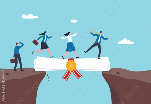Education or business degree to help career growth, skill or knowledge for opportunity, training or diploma concept, businessman and woman walk on education degree scroll as bridge to cross the gap.