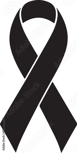 Black ribbon icon on white background. Black ribbon awareness icon representing mourning, remembrance, and loss. Icon black awareness ribbon on white background.