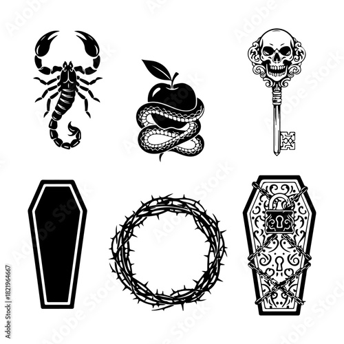 Set of Black silhouette tattoo designs: scorpion, snake and apple, skull key, thorny wreath, simple coffin, and locked sarcophagus, isolated on white.