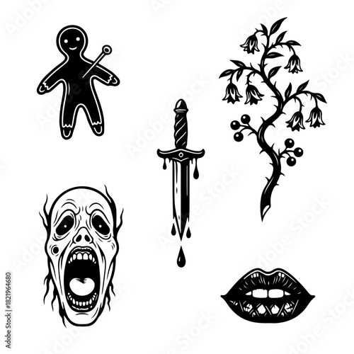 Set of black silhouette tattoo motifs: voodoo doll, screaming ghoul face, deadly nightshade, dagger with dripping blood, and sharp-toothed mouth, isolated on white.