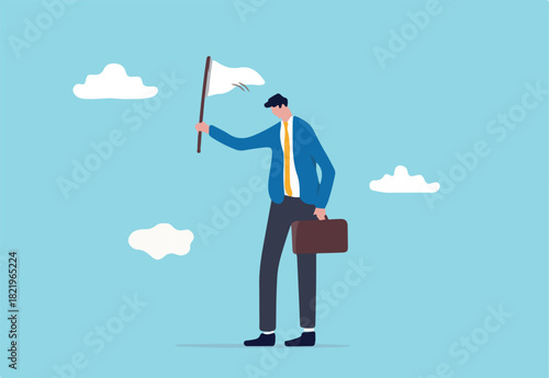 Give up or surrender on business battle, time to quit or stop failed company concept, sad businessman waving white flag metaphor of surrendering or giving up on work and business. 