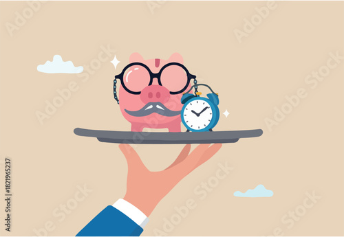 Pension fund investment for retirement, saving or wealth rich senior elderly adult, earning or profit, future value or growth for retirement planning concept, senior piggybank with alarm clock.