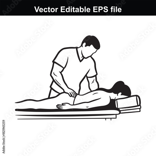 Line art illustration of a massage therapist giving a back massage to a person lying on a massage table, isolated on white background