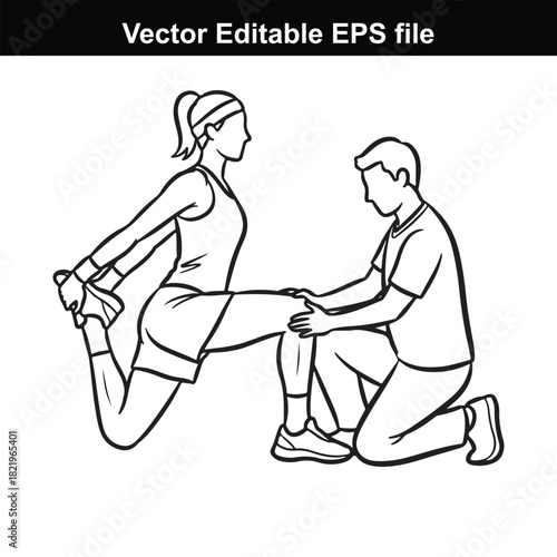 Physical therapist assisting a woman with a quadriceps stretch, demonstrating proper form and support for rehabilitation and fitness, isolated on white background