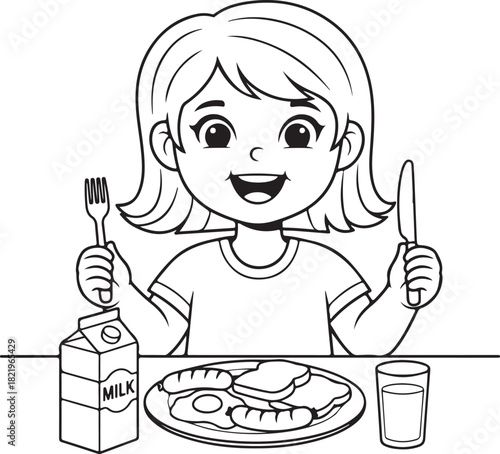Cute cartoon girl ready to eat breakfast with a smile.
