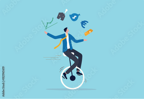 Financial advisor, professional investment expertise concept, smart businessman investor juggling finance asset, real estate, currency, gold, saving and stock market graph riding unicycle one wheel