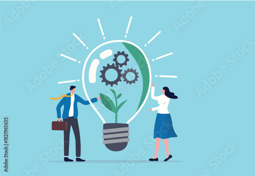 ESG, Environmental, Social and Corporate Governance, company responsibility to care world environment and people concept, business people touch light bulb with seedling green plant and governance gear