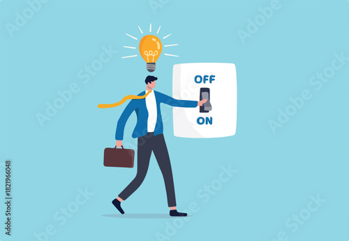Business idea and solution to solve company problem or innovation and strategy to win business success concept, smart businessman turn on lightbulb switch to lit up idea.