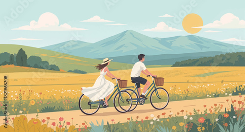 Couple cycling through a serene countryside landscape. Cycling in the countryside under a clear sky. Romantic bike ride through nature’s beauty. Couple riding bikes on a scenic countryside path