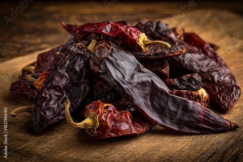 Dried chili peppers on wooden surface for spicy cooking