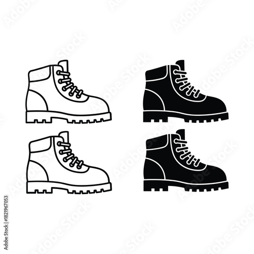 Set of four hiking boots in black and white outline and silhouette styles