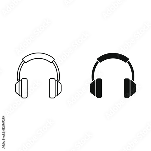 Simple outline and solid black icon of headphones side by side