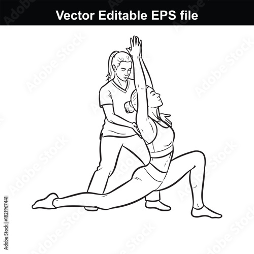 Line art illustration of a yoga instructor assisting a woman in a warrior pose, emphasizing flexibility and balance