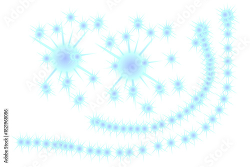 Abstract micro-organisms or virus cells with orbiting blue particle rings on a dark digital background. Science, technology, quantum, and medical research concept.