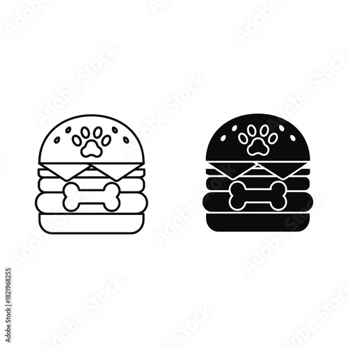 Dog treat burger icon set black and white paw print bone