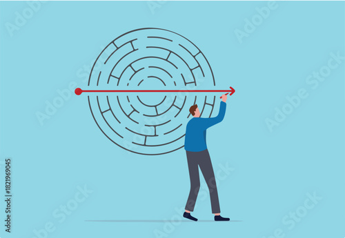 Solving business problem, creativity or imagination to think about solution, strategy and planning to business success concept, businessman solve labyrinth or maze puzzle by straight line arrow.
