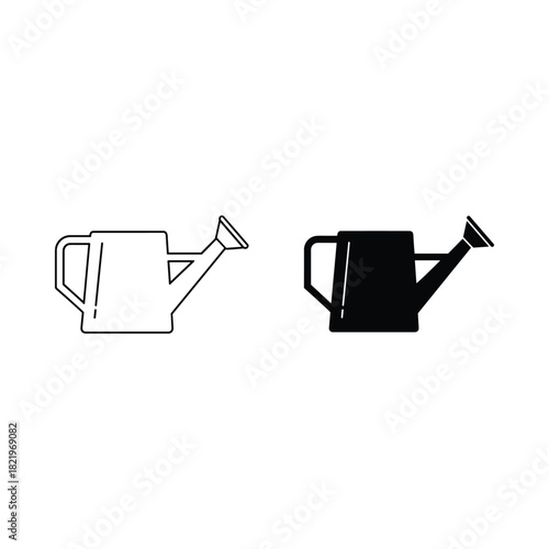 Two simple silhouette icons of watering cans one outline one solid black