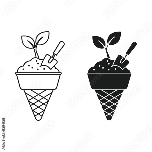 Ice cream cone with soil seedling and garden tool line art and silhouette