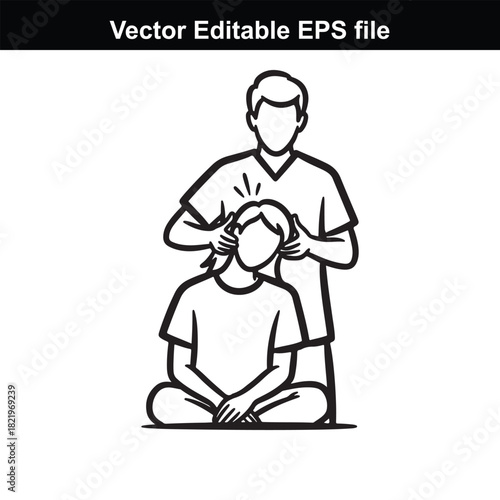Line art illustration of a person giving another person a head massage, isolated on white background