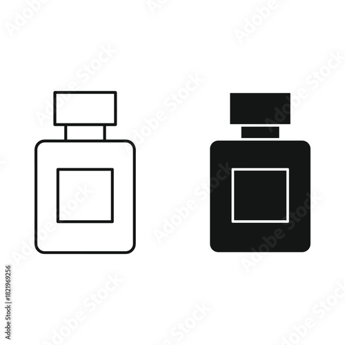Two simple icons of perfume bottles one outlined and one solid black
